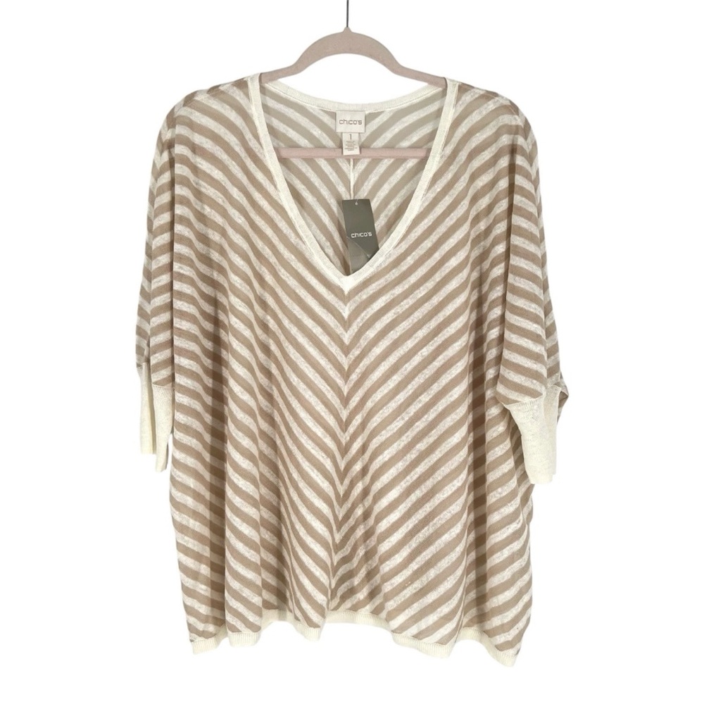 Chicos Linen Blend Blouse Size 1 Taupe Ivory Stripe Slub Knit Relaxed Medium